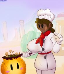 1girls blush blush breast brown_hair chef_hat chef_uniform dark-skinned_female female female_focus female_only frying_pan gloves large_breasts mario_(series) nintendo pan podoboo scarf snesflint super_mario_odyssey thick_thighs thighs trés_(snesflint) vitiligo