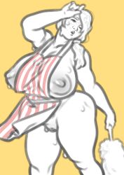 1girls apron apron_only bbw deltoid_deltoid duster female huge_breasts naked sweat sweaty