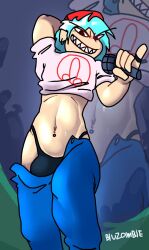 artist_name belly_button belly_piercing blue_hair bluuunsfw_(artist) boner boyfriend_(friday_night_funkin) boyfriend_(tails_gets_trolled) bulge bulge_through_clothing first_porn_of_character friday_night_funkin friday_night_funkin_mod grin hand_behind_head holding_microphone holding_object jpeg male male_focus male_only pants_down pinky_out red_hat sweaty tails_gets_trolled toony toothy_grin