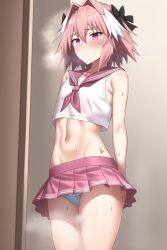 1boy ai_generated ass astolfo_(fate) astolfo_(saber)_(fate) bare_shoulders black_bow blush bow eyebrows_visible_through_hair fate/apocrypha fate/grand_order fate_(series) frown light-skinned_male light_skin male male_only multicolored_hair panties pink_hair pink_skirt pleated_skirt sailor_collar shirt skirt sleeveless sleeveless_shirt solo steam steaming_body sweat white_hair white_shirt