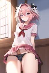 1boy ai_generated astolfo_(fate) astolfo_(saber)_(fate) black_panties eyebrows_visible_through_hair fate/apocrypha fate/grand_order fate_(series) femboy light-skinned_male light_skin male male_only multicolored_hair panties penis pink_hair purple_eyes skirt solo testicles white_hair window