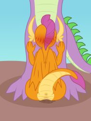 2020 3:4 absurd_res anthro anus ass blush digital_media_(artwork) dragon duo fellatio female folded_wings friendship_is_magic genitals hasbro hi_res male male/female my_little_pony oral orange_body penile penis purple_body pussy rear_view sex simple_background smolder_(mlp) smooth_skin spike_(mlp) tail theonewithoutaname wings