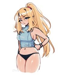 1girls 2023 black_panties blonde_hair blue_eyes bracelet breasts hand_on_hip long_hair looking_at_viewer megrocks metroid navel nintendo no_pants panties ponytail samus_aran sideboob simple_background solo standing tagme thighs