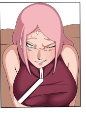 1girls bare_arms bare_shoulders big_breasts boruto:_naruto_next_generations busty clenched_teeth comic female female_focus female_only forehead_jewel forehead_mark fully_clothed gritted_teeth indigopencil large_breasts light-skinned_female light_skin lips lipstick long_hair looking_at_viewer mature mature_female milf naruto naruto_(series) naruto_shippuden one_eye_closed pale-skinned_female pale_skin pink_lips pink_lipstick pov pov_eye_contact sakura_haruno shounen_jump sleeveless sleeveless_shirt solo sweat sweatdrop teeth teeth_showing