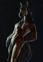 2021 abs anatomically_correct anatomically_correct_genitalia anatomically_correct_penis animal_genitalia animal_penis anthro asher_(artist) biceps big_penis black_background black_hair black_penis blue_highlights equid equine equine_genitalia equine_penis fingernails front_view genitals glistening glistening_genitalia glistening_hair glistening_penis hair half-erect hand_on_hip hi_res highlights_(coloring) horse huge_cock light lighting long_penis looking_at_viewer male mammal medial_ring muscular muscular_male nails navel nipples nude pecs penis pink_eyes portrait pose simple_background snout solo solo_male standing three-quarter_portrait three-quarter_view two_tone_tail v-cut