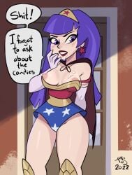 1girls 2022 big_breasts breast_slip breasts cosplay cum cum_on_breasts cum_on_mouth dc dc_comics dc_super_hero_girls female female_only light-skinned_female nipples purple_eyes purple_hair solo speech_bubble thick_thighs tobiart wide_hips wonder_woman_(cosplay) zee_zatara