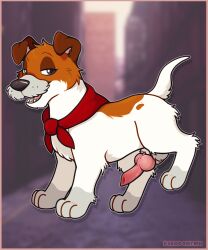 canid canine canis city city_background disney dodger_(oliver_and_company) domestic_dog feral fur hi_res hunting_dog jack_russell_terrier knot male male_only mammal multicolored_body multicolored_fur oliver_and_company pseudonymh raised_leg smug solo solo_male terrier