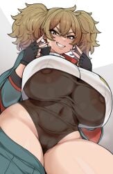 areolae breasts brown_hair cameltoe cape fingerless_gloves gloves grin gundam gundam_suisei_no_majo huge_breasts leotard nails navel nipples otogi_tetsurou plump renee_costa see-through thick thick_thighs transparent_clothing twintails underboob wide_hips