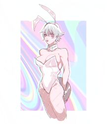 alternate_costume arms_behind_back bowtie bunny_ears bunny_girl bunnysuit canon_genderswap cleavage detached_collar eighthousand female female_only fishnets genderswap_(mtf) ginko_sakata gintama gintoki_sakata looking_away medium_breasts nervous pale-skinned_female pale_skin pink_eyes playboy_bunny rule_63 short_hair solo sweatdrop tray very_short_hair white_hair white_leotard