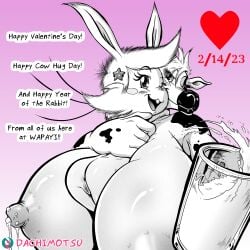 accessory animal_humanoid anthro anus beer_glass beer_mug big_breasts black_and_white blush bodily_fluids body_between_breasts bottomwear bovid bovid_humanoid bovine bovine_humanoid breasts cattle_humanoid cheek_tuft chinese_zodiac clothing cow_hug_day dachimotsu duo embrace english_text facial_tuft female genitals hair_accessory heart hi_res holidays hug huge_breasts humanoid lactating lagomorph lagomorph_humanoid leporid_humanoid mammal mammal_humanoid milk mono_(dachimotsu) monochrome pussy rabbit_humanoid screentone skirt text tuft valentine's_day we're_a_party_and_you're_invited! whiskers year_of_the_rabbit