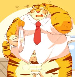 0119_muu 2023 anthro balls belly big_belly blush censored clothing felid genitals hi_res kemono male mammal musk navel necktie overweight overweight_male pantherine penis solo tiger underwear