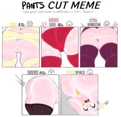 anthro anus bandages big_ass big_butt big_thighs black_clothes female jacksito_(artist) lingerie meme original original_character panties pants_cut_meme pussy red_clothes red_panties surprised text tight_clothing viewed_from_below white_body white_eyes white_hair yellow_anus yellow_cheeks yellow_pussy