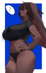 1girls ? big_breasts bini_(woobin94) black_hair breasts brown_fur female female_only fur furry furry_only leporid looking_at_viewer narrowed_eyes rabbit rabbit_ears red_eyes side_view solo speech_bubble tagme thick_thighs wide_hips woobin94