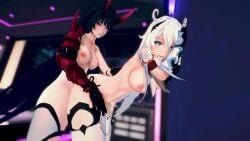 2girls 3d animated black_hair blue_eyes blush breasts chopsticker female_penetrated from_behind futa_on_female futa_penetrating_female futanari gloves half_naked happy hi_res highres honkai_impact_3rd horns implied_futanari kiana_kaslana long_hair moaning no_sound purple_eyes raiden_mei sex sex_from_behind video white_hair