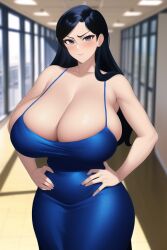 aged_up ai_generated archie_comics black_hair blue_dress blue_eyes busty curvy dress huge_breasts mature_female nai_diffusion stable_diffusion veronica_lodge