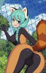 1girls amelia_(crush_crush) ass ass_focus blue_hair breasts crush_crush dat_ass female game_cg nipple_bulge red_panda_ears red_panda_tail sad_panda_studios skin_tight solo_female tongue_out