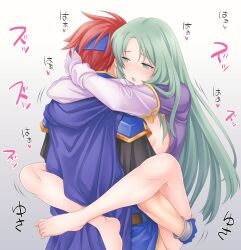 1boy 1girls bare_legs barefoot blush breasts breasts_out cape carrying carrying_partner cecilia_(fire_emblem) female fingerless_gloves fire_emblem fire_emblem:_the_binding_blade gloves green_eyes green_hair ham_pon hug japanese_text large_breasts leg_lock legs long_hair male nintendo nipples red_hair roy_(fire_emblem) short_hair sound_effects stand_and_carry_position standing standing_sex text translation_request vaginal_penetration