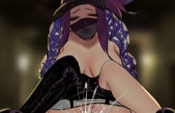 1boy 1boy1girl 1girls akali breasts cropped cum cum_in_pussy female female_on_top girl_on_top k/da_akali k/da_series league_of_legends leggings legs light-skinned_female light_skin looking_at_viewer mask masked_female open_mouth pd purple_hair sex