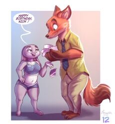 anthro birthday breasts brownieclop bulge canid canine clothed clothing dialogue disney duo english_text female female/female fox fur furry furry_only grey_body grey_fur hi_res judy_hopps lagomorph leporid looking_at_porn male mammal nick_wilde orange_body pornography rabbit red_fox shorts shortstack simple_background small_breasts smile tail text zootopia