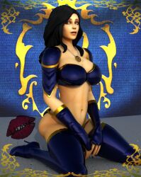 1girls 3d alliance_(warcraft) alliance_banner alliance_symbol big_breasts black_hair blizzard_entertainment human human_(world_of_warcraft) justicaralb kneeling light-skinned_female light_skin myra_llione original_character pinup skimpy skimpy_clothes solo thighhighs warcraft world_of_warcraft