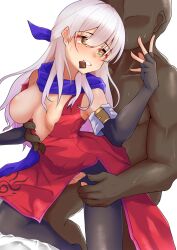 1boy 1girls armpits breasts breasts_out chocolate dark-skinned_male elbow_gloves female fingerless_gloves fire_emblem fire_emblem:_radiant_dawn gloves grey_hair long_hair male male/female medium_breasts micaiah_(fire_emblem) mouth_hold nintendo nipples one_breast_out pantyhose pelvic_curtain sex shutchi silver_hair straight sweat torn_clothes vaginal_penetration yellow_eyes