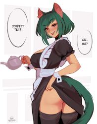 1girls absurd_res ass black_thighhighs blush brown_eyes cat_ears cat_tail catgirl choker clothes_lift dialogue english_text female female_only green_hair holding_object iced_latte_with_breast_milk kettle looking_at_viewer looking_back looking_back_at_viewer maewix1 maid maid_uniform medium_hair mitsuri_(maewix1) narrowed_eyes skirt_lift smiling smiling_at_viewer solo speech_bubble tail teapot teatime thighhighs wrist_cuffs