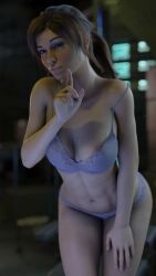 3d abs athletic big_breasts bikini bikini_bottom bikini_pull bikini_top blender bra breast_press breast_squeeze breasts brown_eyes brown_hair female female_only hand_on_thigh lara_croft lara_croft_(survivor) looking_at_viewer panties ponytail snippy_69 tomb_raider tomb_raider_(survivor) undressing