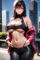 1girls ai_art_panwho ai_generated black_hair curvaceous curvy_body curvy_female curvy_figure erect_nipples female_focus female_only hi_res high_resolution latex_trousers nipple_bulge original_character red_eyes seductive_look stable_diffusion voluptuous voluptuous_female