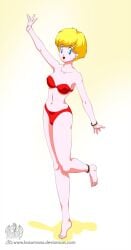 arm_up bare_arms bare_legs bare_shoulders barefoot bikini blonde_female blonde_hair blue_eyes breasts dragon_ball dragon_ball_z erasa female female_only full_body happy katomanx looking_at_viewer medium_breasts midriff navel neck one_arm_up open_mouth red_bikini red_swimsuit short_hair smile solo solo_female standing standing_on_one_leg strapless strapless_bikini strapless_swimsuit swimsuit waving