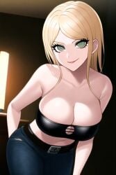 ai_generated bare_shoulders belt bent_over big_breasts black_strapless blonde_hair clothing_cutout danganronpa danganronpa_3 eyelashes green_eyes hand_behind_back hand_on_thigh jeans long_hair midriff nai_diffusion navel original_character smile smirk smooth_skin stable_diffusion strapless