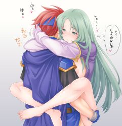 1boy 1girls bare_legs barefoot blush breasts breasts_out cape carrying carrying_partner cecilia_(fire_emblem) female fingerless_gloves fire_emblem fire_emblem:_the_binding_blade gloves green_eyes green_hair ham_pon hug japanese_text large_breasts leg_lock legs long_hair male nintendo nipples red_hair roy_(fire_emblem) short_hair sound_effects stand_and_carry_position standing standing_sex text translation_request vaginal_penetration