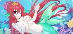 1girls beluga big_breasts bonchovy_(crush_crush) coral crush_crush light-skinned_female mermaid red_hair sad_panda_studios sponge starfish tongue_out underwater wink