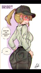 1girls blonde_hair cap el_camarada english_text female female_only five_nights_at_freddy's five_nights_at_freddy's:_security_breach green_eyes looking_back ponytail security_guard security_uniform seductive solo text vanessa_(fnaf)