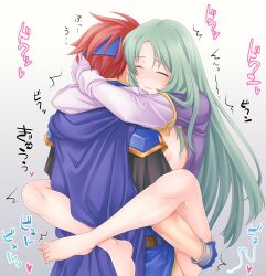 1boy 1girls bare_legs barefoot blush breasts breasts_out cape carrying carrying_partner cecilia_(fire_emblem) closed_eyes female fingerless_gloves fire_emblem fire_emblem:_the_binding_blade gloves green_hair ham_pon hug japanese_text large_breasts leg_lock legs long_hair male nintendo nipples red_hair roy_(fire_emblem) short_hair sound_effects stand_and_carry_position standing standing_sex text translation_request vaginal_penetration