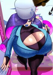 1girls annon big_breasts big_lips bimbo bimbo_lips breast_focus breasts cleavage cleavage_cutout cleavage_window female female_focus female_only fully_clothed fur_hat giant_breasts gigantic_breasts huge_breasts huge_lips hyper hyper_breasts leggings massive_breasts multicolored_hair my_little_pony rarity_(mlp) smile solo straight_hair thick_lips thick_thighs tights