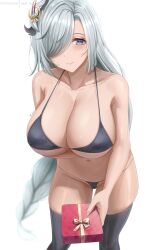 1girls abp_art bikini black_bikini breasts cleavage female genshin_impact grin high_resolution holding_object huge_breasts light-skinned_female light_skin long_hair shenhe_(genshin_impact) simple_background smile valentine's_day white_hair