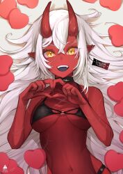 akumi black_bikini female_only heart kaminaszk laying_on_back on_bed oni oni_horns open_mouth pointy_ears red_skin scars sharp_fingernails teeth virtual_youtuber vyugen white_hair yellow_eyes