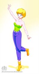 1girls arm_up bare_arms bare_shoulders belt blonde_female blonde_hair blue_eyes blue_pants breasts dragon_ball dragon_ball_z earrings erasa female female_only full_body green_tube_top green_tubetop happy hoop_earrings jewelry katomanx looking_at_viewer medium_breasts neck one_arm_up open_mouth pants short_hair smile solo standing standing_on_one_leg strapless tube_top tubetop waving white_belt wristwatch wristwear