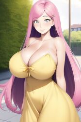 adorable ai_generated alternate_species busty butterfly butterfly_hair_ornament cute fluttershy_(mlp) huge_breasts human humanized my_little_pony nai_diffusion pink_hair smile stable_diffusion sundress wholesome yellow_dress