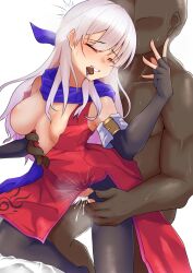 1boy 1girls armpits breasts breasts_out chocolate closed_eyes cum cum_in_pussy cum_inside dark-skinned_male elbow_gloves female fingerless_gloves fire_emblem fire_emblem:_radiant_dawn gloves grey_hair heavy_breathing long_hair male male/female medium_breasts micaiah_(fire_emblem) mouth_hold nintendo nipples one_breast_out pantyhose pelvic_curtain sex shutchi silver_hair straight sweat torn_clothes vaginal_penetration