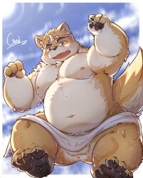 2023 anthro anus balls belly big_belly blush bulge cai_yuwang canid canine canis domestic_dog genitals hi_res kemono male mammal moobs musashi_(tamacolle) navel nipples overweight overweight_male solo tamacolle towel