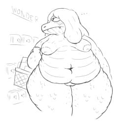 alison_sandra_gator alligator alligatorid anthro basket container crocodilian dorkass fat female hair long_hair monochrome mouth_closed not_furry nude obese obese_anthro obese_female overweight overweight_anthro overweight_female reptile scalie sharp_teeth shopping solo standing teeth the_amazing_world_of_gumball