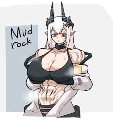 1girls abs arknights black_gloves cleavage female female_only gloves horns huge_breasts light-skinned_female light_skin mudrock_(arknights) muscular muscular_female red_eyes rice(bob) solo white_hair