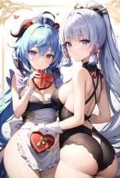 2girls ahoge ai_generated alternate_costume apron ass bare_shoulders blue_hair blush breasts chocolate_heart from_behind ganyu_(genshin_impact) genshin_impact goat_horns hair_ornament horns kamisato_ayaka large_breasts leotard long_hair looking_at_viewer looking_back medium_breasts multiple_girls ponytail purple_eyes shiny shiny_hair shiny_skin sideboob silver_eyes silver_hair smile standing very_long_hair