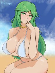 1girls big_breasts big_thighs big_tits bikini breasts cleavage eyebrows_visible_through_hair female female_only goddess green_eyes green_hair huge_breasts in2naps kid_icarus light-skinned_female light_skin long_hair looking_at_viewer nintendo palutena pinup smile solo tagme thick thick_hips thick_thighs tits very_long_hair wide_hips