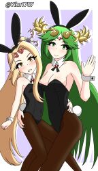 2girls big_breasts black_nail_polish black_nails blush breasts bunny_ears bunny_girl bunny_tail bunnysuit cleavage different_breast_sizes duo eyebrows_visible_through_hair female female_only green_eyes green_hair kid_icarus laurel_crown light-skinned_female light_skin long_hair looking_at_viewer nail_polish nintendo palutena platinum_blonde_hair tagme very_long_hair viridi wide_hips yellow_eyes yiku1707