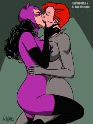 2girls ass avengers batman_(series) big_ass big_breasts black_hair black_widow_(marvel) catwoman crossover curvy curvy_female dc dc_comics duo female female_only kaywest kissing lesbian_kiss light-skinned_female marvel marvel_comics natasha_romanoff red_hair selina_kyle short_hair straight_hair superheroine villain villainess voluptuous voluptuous_female wide_hips yuri