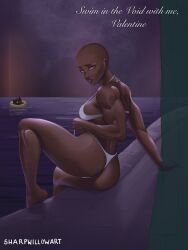 1girls 2023 ass bald bald_female bikini bikini_pull breasts bungie dark-skinned_female dark_skin destiny_(game) english_text female guardian_(destiny) holidays ikora_rey looking_at_viewer muscular muscular_arms muscular_female pinup sharpwillow text valentine's_day warlock_(destiny) water white_bikini