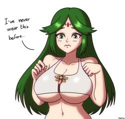 1girls beg4cake blue_eyes crop_top female green_hair huge_breasts kid_icarus long_hair navel nintendo palutena underboob upper_body white_skin