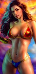 1girls amazon artist_request big_breasts bikini black_hair bra breasts curvy curvy_female curvy_figure dc dc_comics dc_extended_universe diana_prince earrings female female_only fully_clothed gal_gadot light-skinned_female long_hair solo star_earrings straight_hair superheroine swimsuit wide_hips wonder_woman wonder_woman_(series)